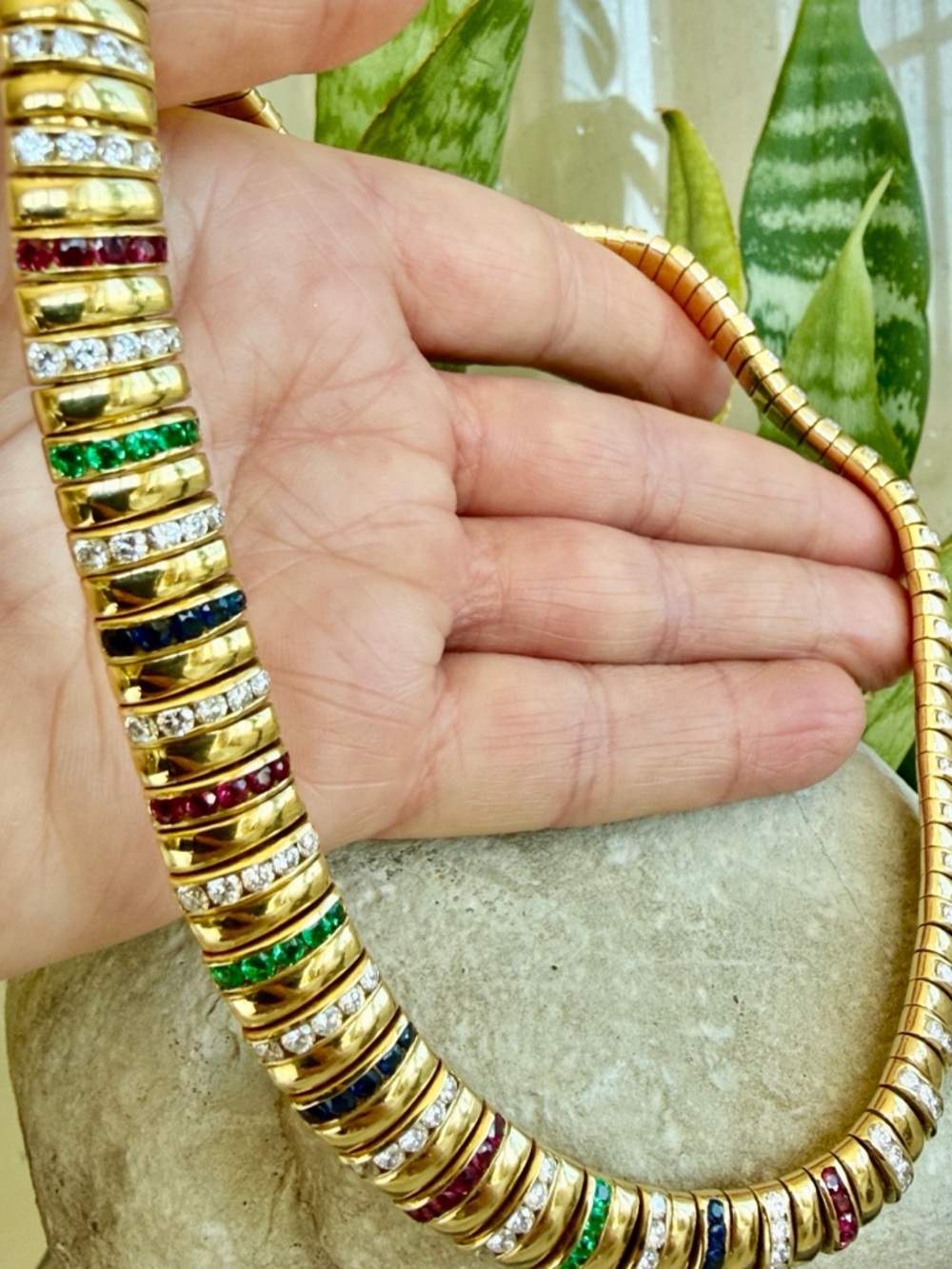 SOLD
 gold 8.5 carat diamond, emerald, ruby, sapphire necklace